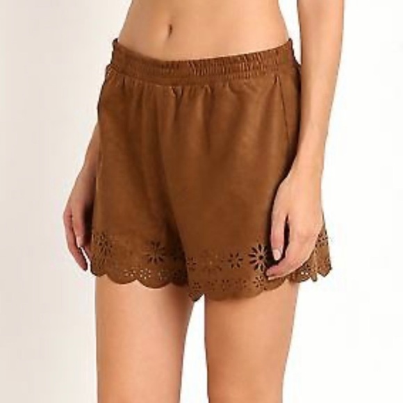 𝅺BB Dakota brown suede laser cut elastic waist shorts small - Picture 1 of 7